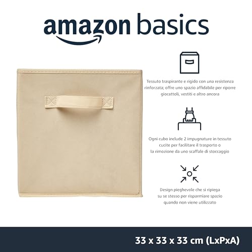 Amazon Basics Confezione Da 6 Cubi Portaoggetti Pieghevoli In Tessuto, Contenitori Con Maniglie - 33X33X33 Cm, Beige Tinta Unita - 2