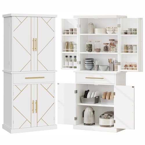 DWVO Kitchen Pantry Cabinet, 72'' Tall Freestanding Buffet Cupboard Kitchen Storage Cabinet with Drawer & 6 Side Shelves, Food Pantries for Dining Room, Living Room, White