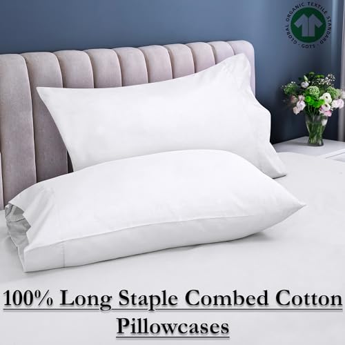 Image of ROYALE LINENS 300 Thread Count 100% Long Staple Combed Cotton Pillowcases Set of 2 - Ultra Soft - King Bed Pillow Cover - 20 inchx40 inch - Breathable, Cool & Crisp Percale White Pillow Cases (King, White)