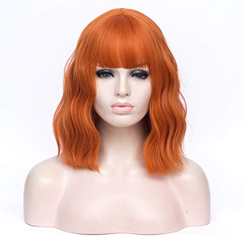 SL Short Ginger Bob Wig with Bangs Women's Fashion Curly Wavy Shoulder Length Hair Cosplay Wig for Girls with Cap - 14'', Orange