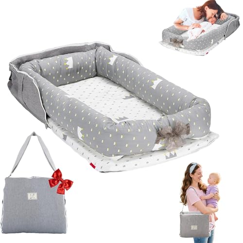 Image of Baby Lounger for Newborn-Portable Baby Lounger 0-24 Months for Home and Travel,Newborn Loungers with Strap, Baby Nest Lounger Adjustable Size,Crown Grey