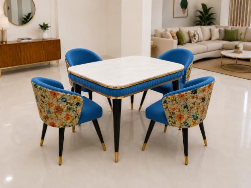 Image of WOODEN SPACE Majestic 4 Seater Wooden Dining Table Set | Urban Marble Top Dining Table with Chairs for Dining Room & Kitchen (Modern Classic Printed Blue) (54 x 36 x 30 inch)