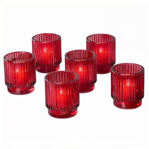 Kate Aspen Vintage Ribbed Red Glass Candle Holders Set of 6 - Votive & Tealight Candle Holder Decor for Holiday Table Decor Christmas Dining Tablescape Fall & Boho Home Accents (27206RD)
