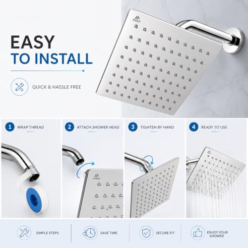 Image of Maipo Ultra Slim 8 Inch Square Rain Shower Head, Stainless Steel (SS) High Pressure Overhead Bathroom Shower Head, Chrome Finish, Anti-Clog Silicone Nozzles, Easy Installation