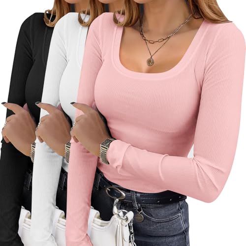 Ekouaer Womens 3 Pack Long Sleeve Shirts Square Neck Basic Ribbed Tops Tee Thermal Undershirts Black/White/Misty Rose X-Large