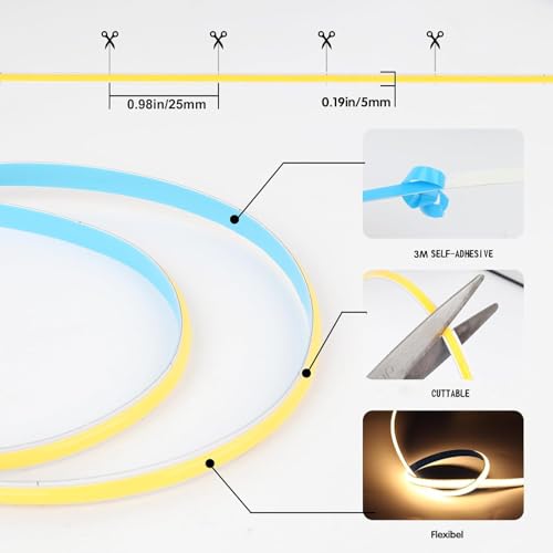 Image of USB Type-C Powered 5V COB LED Strip Light,1M /3.28Ft 320LEDs Warm White 2700K Soft Dotless Tape Light for TV /Monitor /Under Cabinet Kitchen /Wardrobe /Stairs Step Background Ambient DIY Lighting