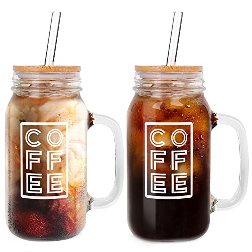 ANOTION Mason Jar Iced Coffee Cup with Lid and Straw, 24oz Regular Mouth Mason Jars with Handle Glass Coffee Drinking Glasses Tumbler Reusable Cups Bottles for Iced Coffee Cups for Travel Office Home