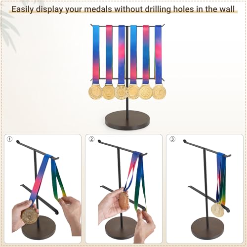 Image of Mkono Medal Hanger Display, Metal Medal Holder, Race Award Medals Display Stand for Running, Sports, Marathon, Wrestling, Taekwondo, Wood and Iron Material, 12x16 Inches (Black and walnut)