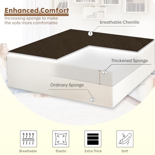 Image of 110 inch Chenille Sectional Sofa w /Pull Out Bed & Storage Chaise, Brown | Reversible U Shape Sofa w /Storage Armrests & Cup Holders, Corner Couch w /USB Charging Port & Throw Pillows for Living Room