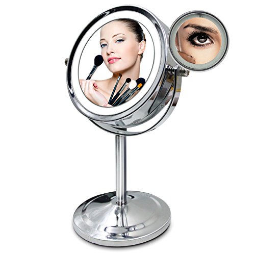 Makeup Mirror, PrettyMakeUp Tabletop Two-Sided Swivel with 3x Magnification Lighted Makeup Mirror 360 Degree Rotation for Beauty Travel Skin Care Vanity Mirror