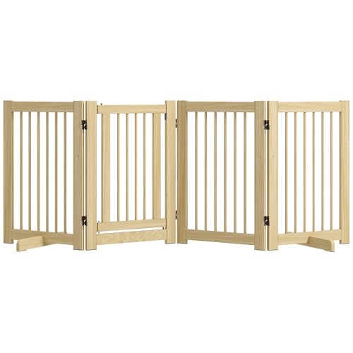 PawHut Barrera de Seguridad para Perros de Madera Plegable, para Escaleras y Puertas, Valla para Perros Pequeños y Medianos de 4 Paneles, con Soporte de Pie, para Interiores, 204x36x75 cm, Natural
