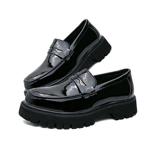 Men's Patent Leather Platform Chunky Loafers - Classic Toe Comfortable Slip-on Sole Business Casual Formal Shoes (Black-B, Adult, Men, 9, Numeric, US Footwear Size System, Medium)