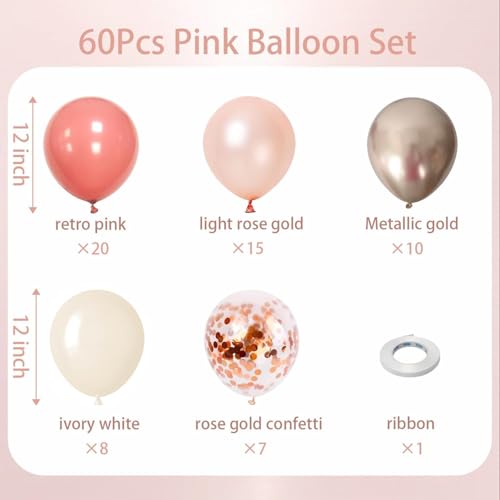 Image of 60Pcs Pink Rose Gold Balloons Kit 12 Inch Retro Pink Light Rose Gold Metallic Gold Ivory White Confetti Balloons for Birthday Wedding Bridal Shower Bachelorette Party Decorations Decor