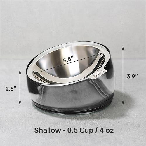 Image of Felli Pet Oblik Whisker Fatigue Friendly & Anti Vomit Elevated Cat Food Water Bowl Stainless Steel Tilted Shallow Dish, Slanted Angled Metal Plate Dry Wet Feeder, Raised Acrylic Base (0.5 Cups, Smoky)
