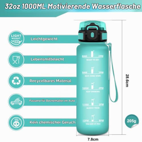 KollyKolla Trinkflasche 1L, Sport Wasserflasche, Trinkflasche mit Strohhalm & Zeitmarkierung, Auslaufsicher, Ideal für Gym, Yoga, Camping… – Ansicht 5