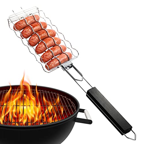 Rosixehird Cesta para Barbacoa | Parrilla para Perritos Calientes,Cesta para Barbacoa para 6 Salchichas, Cesta para Asar, Accesorios para Barbacoa para Verduras, camarones, Pescado, bistec y Uso