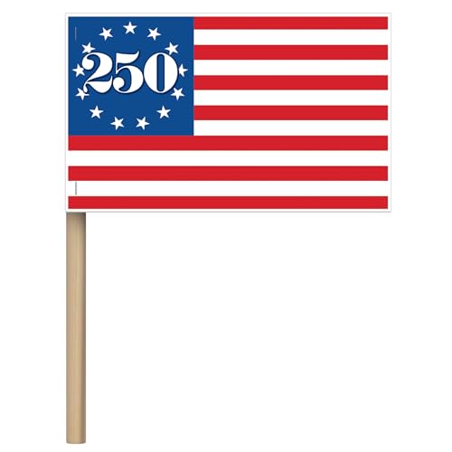 Beistle Semiquin Flags – 16 Pack, Red, White, and Blue Paper Mini American Flags on Wooden Sticks, Patriotic 250th Anniversary Decorations for Parades, July 4th and USA-Themed Celebrations, 4" x 6¼" by Beistle - Used condition - US$8.32