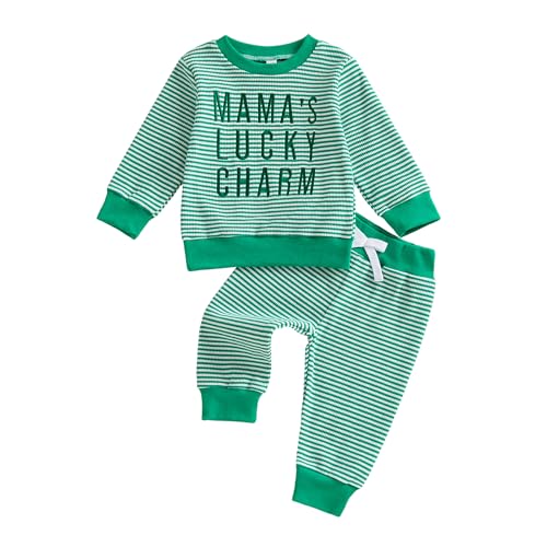 PUHHAPIEY Toddler Baby Boy St Patricks Day Outfit Irish Lucky Charm Embroidery Stripe Waffle Knit Sweatshirt + Pants Set (Mama's lucky charm-Green, 3-4T)