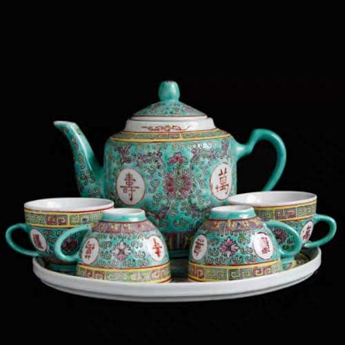 Jingdezhen 6 Famille Rose Longevity Wujiang Tea Set Tea Cup Teapot Birthday Wedding Gift