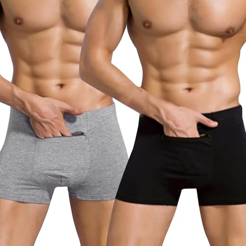Pocket Underwear for Men 2 Pack, Men's Boxer Briefs with a Stash Secret Pockets. (Black, Grey)