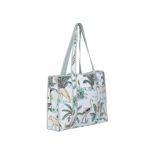 Indian Cotton Quilted Tote Bag Women shoulder Bag Carry, shopping Beach Bag Summer Holiday Essentials Shopping Travel Bag with Pockets Handbags for Women (T.Blue)