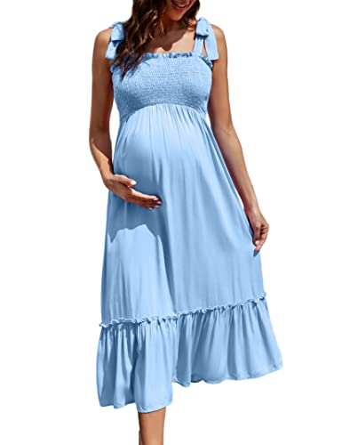 Coolmee Women's Sleeveless Maternity Dress Adjustable Strap Smocked Boho Dress Ruffle Cami Maxi Dress Photoshoot Baby Shower Blue Xl #TOP29
