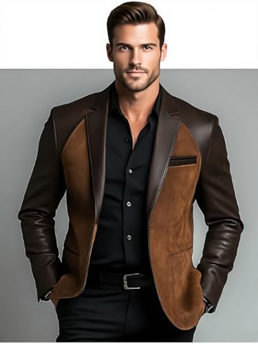 VVENNYNG Classic Men's Suit Coat PU Splicing Notched Lapel Tuxedos Blazer Suede Party Jacket4