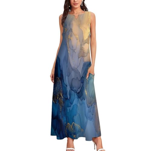 Robe Longue Imprimé Aquarelle Abstraite en Marbre Doré Robe A-Line Élégante pour Cérémonie