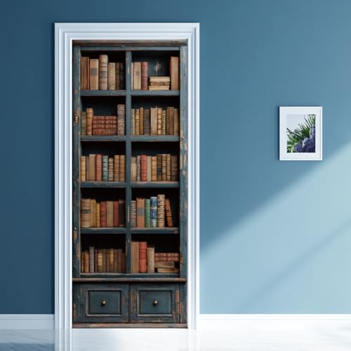 arricraft 2 fogli autoadesivi per porta, 80 cm x 200 cm, colore blu, vecchia libreria per porta, carta da parati rimovibile, in PVC, decorazione per casa, camera da letto, soggiorno