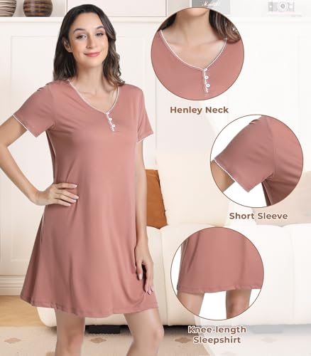 Image of NACHILA Women's Nightgowns-Viscose Made from Bamboo, Soft Sleepwear V Neck Sleepshirt Short Sleeve Loungewear Cool Sleepdress