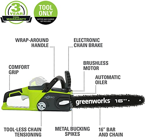 Greenworks 40V 16" Brushless Cordless Chainsaw (Great For Tree Felling, Limbing, Pruning, And Firewoo / 60+ Compatible Tools), Tool Only #TOP1