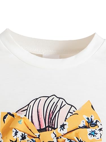 Image of Girl's 2 Pcs Outfits Short Sleeve Graphic T-Shirt Top and Paperbag Waist Shorts Set with Belt (White Yellow, 5T)