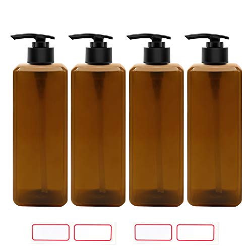 TRENDBOX Soap Dispenser Pump Bottles (4 Pack 16oz/500ml) Shampoo Dispenser Empty Plastic Amber Pump Bottles for Essential Oils, Shampoo, Toner, Lotion, Cream, Hand Sanitizer
