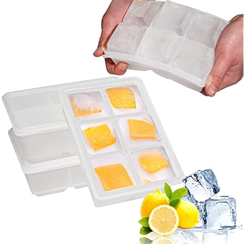 LessMo 3 Stück XXL Eiswürfelform, 18-Fach Silikon-Eiswürfelschale mit Deckel, Große Eiswürfel 4,8cm, Stapelbar und Spülmaschinenfest Silikon-Eiswürfel Cover