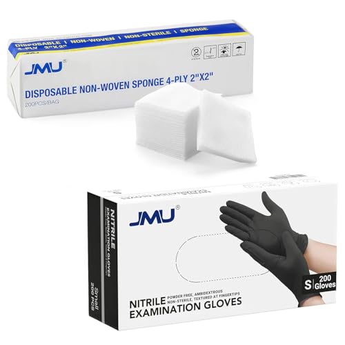 JMU 200 almohadillas de gasa 2x2 paquete con guantes de nitrilo negro tamaño pequeño 200 unidades miniatura 1
