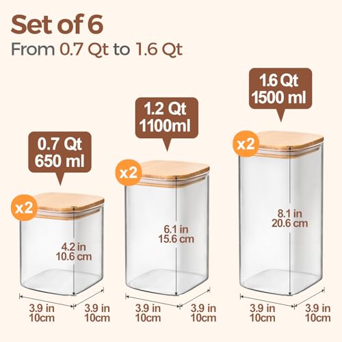 ComSaf Airtight Glass Storage Canister with Lids (0.7Qt/1.2Qt/1.6Qt) Set of 6, Food Storage Container Kitchen Pantry Storage Jar, Glass Jars for Flour Cereal Sugar Tea Coffee Beans Snacks, Square by ComSaf - Used condition - Image 2