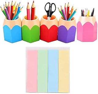 Lifreer 5 Pack Lovely Pencil Tip Design Pencil Pot Set Desk Organiser Stationery Storage Home Office Desk Tidy Organisers + 400 PCS Colorful Mini Sticky Notes Category Label