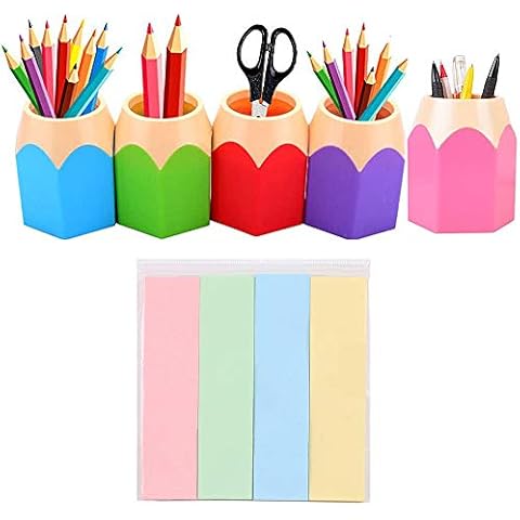 Lifreer 5 Pack Lovely Pencil Tip Design Pencil Pot Set Desk Organiser Stationery Storage Home Office Desk Tidy Organisers + 400 PCS Colorful Mini Sticky Notes Category Label Cover