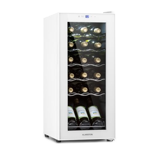 KLARSTEIN Shiraz Cantinetta Vino Bianco – 18 Bottiglie, 50 L, 1 Zona | Frigo Vino a Libera Installazione, Porta in Vetro, Silenziosa, 5–18 °C, LED, Telaio Inox