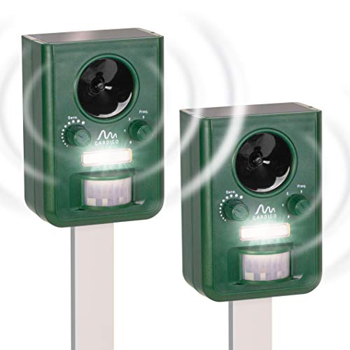 Gardigo Tiervertreiber Ultraschall Solar - 2er Set | Marderabwehr, Katzenschreck mit Blitzlicht | Multifrequenz Gerät, 5 Modi, Gesamtfläche ca. 75m² (ca. 9 m, 110°) | Batterien & USB-Ladekabel