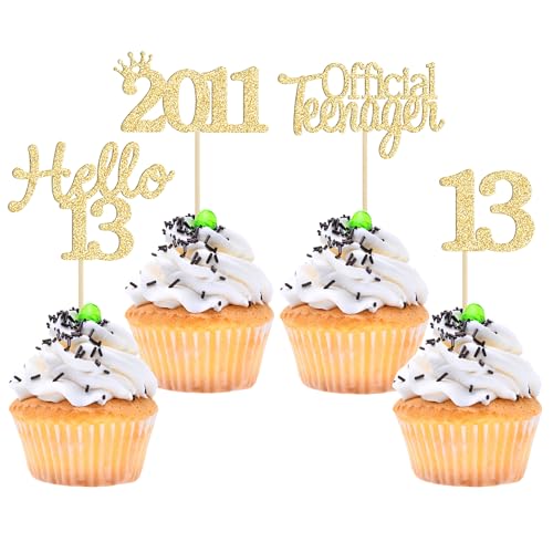 Gyufise 24 Pack 13th Birthday Cupcake Toppers Gold Glitter Hello 13 Thirteen Official Teenager Cake Decorations 2011 Cupcake Picks 13th Birthday Party Cake Decorations Supplies