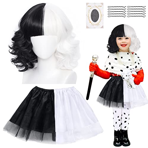 HAMOOM 2tlg Cruella Devil Kostüm Schwarze und weiße Perücke Cruella Kostüm Kurze gewellte Perücken mit Schwarzer Weiße Sarong Mode Lockige Kostüm für Damen Mädchen Karneval Fasching Cosplay