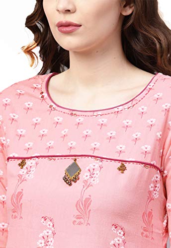 Image of ishin Women's Pure Cotton Anarkali Printed Thread Work Floral print Pink Kurta suit set with Palazzo