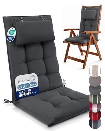 Beautissu Premium Coussin Chaise Jardin Dossier Haut 120x50 cm Sun-HL – 8 cm Épaisseur Tissu Robuste Antidérapant & Résistance aux UV – Coussin Fauteuil...