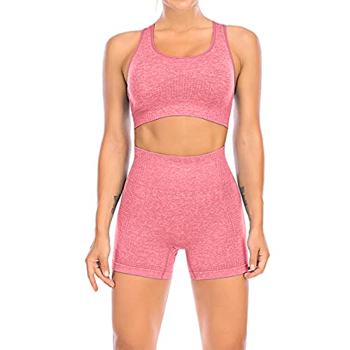 YR.Lover Conjunto de trajes de entrenamiento de yoga sin costuras de 2 piezas de cintura alta pantalones cortos deportivos gimnasio sin mangas sujetador conjuntos, Rojo, M Cover