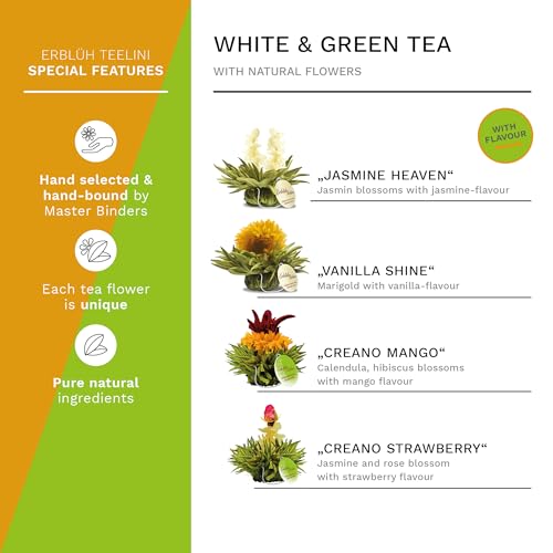 Creano 4 pcs Tea Flowers in elegant Gift Box - White & Green Tea - Blooming Tea in Cup Size