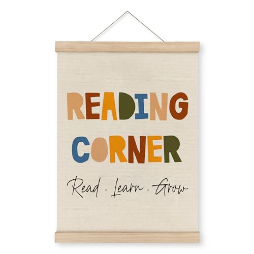 MAQIKA Reading Corner Poster Framed with Wood Hanger, Kids Reading Nook Hanging Wall Decor, Nursery Library Sign Canvas Wall Art Paint for Playroom School 12x16