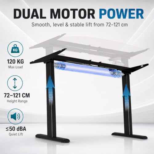 Image of Dual Motor Electric Height Adjustable Desk Frame, Fits Table Tops 100-180cm Wide, Anti-Collision, 3 Memory Presets, Industry-Grade Steel, 3-Year Warranty, Sit-Stand Standing Desk Frame | Black