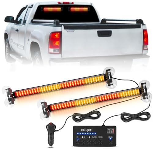 Image of Nilight 144 LED Strobe Traffic Advisor Light Bar Amber Red with Controller | 2 in 1 Automotive Emergency Warning Flashing Police Windshield Lights Bars for Cars Tow Plow Trucks Construction Vehicles