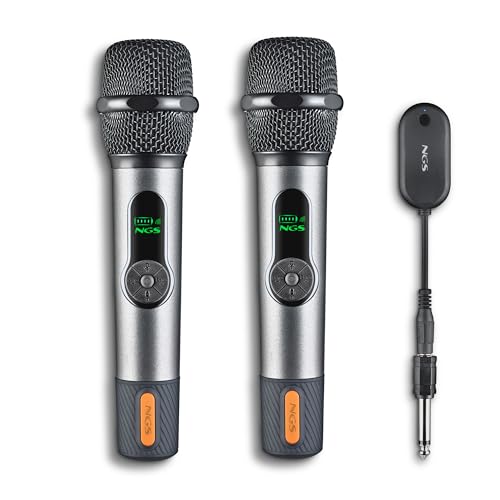 NGS Singer Star Duo - Confezione da 2 Microfoni Wireless Dinamici 2,4 GHz, Autonomia 30 ore, Controllo del Volume ed Eco, Indicatore di Batteria, Connessione Jack 3,5 mm e 6,3 mm, Ideale per Karaoke